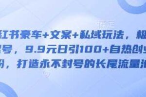 小红书豪车+文案+私域玩法，极速起号，9.9元日引100+自热创业粉，打造永不封号的长尾流量池