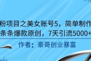 男粉项目之美女账号5，简单制作，条条爆款原创，7天引流5000+