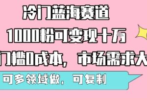 冷门蓝海赛道，1000粉可变现十W，无门槛0成本，市场需求大，可多领域做，可复制性强