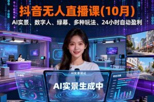 （16355期）抖音无人直播课(10月)，AI实景、数字人、绿幕、多种玩法、24小时自动盈利