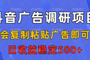 抖音广告调研项目,会复制粘贴广告即可,任务没有上限,日收益稳定5张【揭秘】